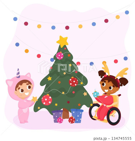Multiethnic children decorate the Christmas tree 134745555