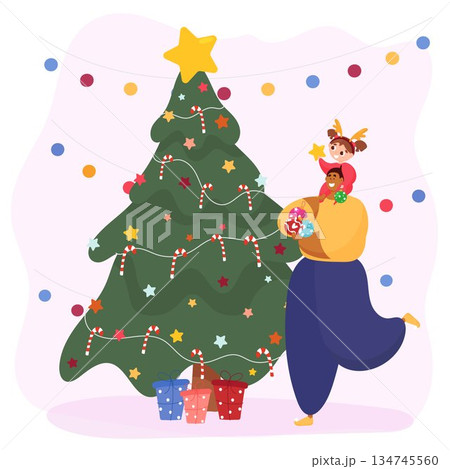 Father and daughter decorate the Christmas tree Father and daughter decorate the Christmas tree 134745560