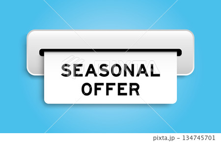 White coupon banner with word seaosonal offer from machine on blue color background 134745701