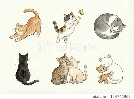 【水彩画風】かわいい猫のポーズ6種セット　No.3 134745962