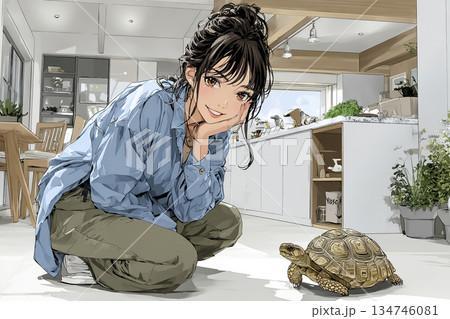 リクガメと触れ合う女性｜爬虫類カフェでの穏やかな時間 134746081