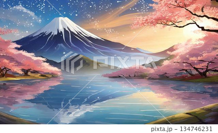 桜と湖のある美しい風景 134746231