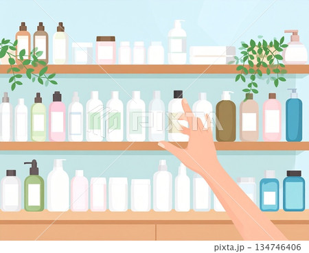 商品棚の前で商品を選ぶ女性 134746406