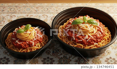 標準サイズと特大サイズパスタの比較クローズアップ 134746451