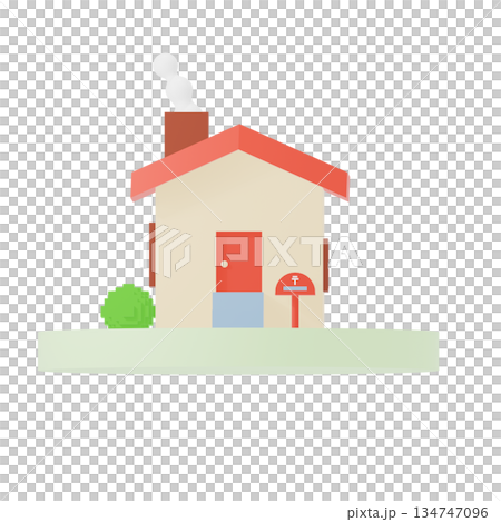 從正面看到的3D紅色屋頂房屋 134747096