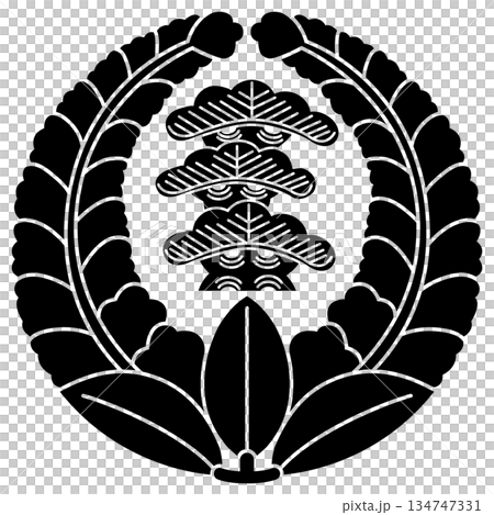 牟礼勝重の家紋です。上り藤に三つ笠松といいます。上り藤に三階松とも。 134747331