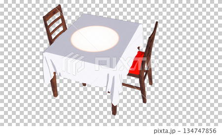 Illustration of a landscape with a table and chairs seen from an angle Illustration of a landscape with a table and chairs seen from an angle 134747856