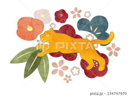 とらと植物の北欧風年賀イラスト 134747970