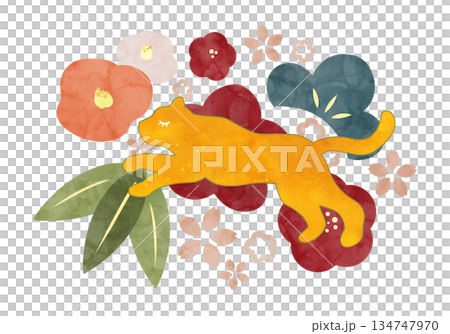 とらと植物の北欧風年賀イラスト 134747970