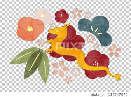 北歐風格的新年插畫，描繪了龍和植物。 134747972