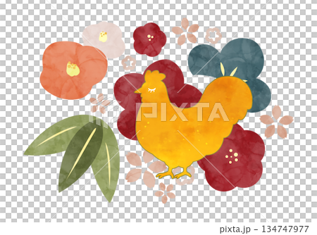 にわとりと植物の北欧風年賀イラスト 134747977