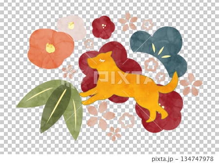 いぬと植物の北欧風年賀イラスト 134747978