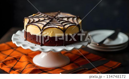A spooky bundt cake with white icing on a black plate, set against a Halloween themed background of fog and bats 134748172