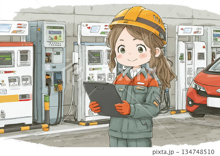 EV充電ステーションでシステム確認を行う女性作業員 134748510