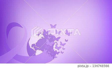 World Cancer Day awareness with lavender ribbon and earth World Cancer Day awareness with lavender ribbon and earth 134748566