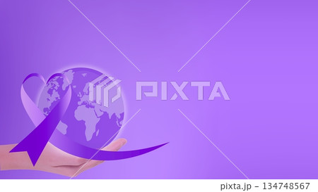 Hand holding world globe with purple awareness ribbon Hand holding world globe with purple awareness ribbon 134748567