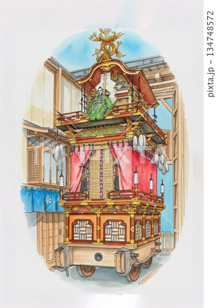 豪華絢爛な装飾された屋台 高山祭 水彩画 ペン画 豪華絢爛な装飾された屋台 高山祭 水彩画 ペン画 134748572