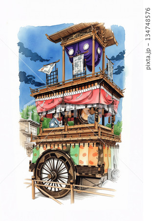 豪華絢爛な装飾された屋台 高山祭 水彩画 ペン画 豪華絢爛な装飾された屋台 高山祭 水彩画 ペン画 134748576
