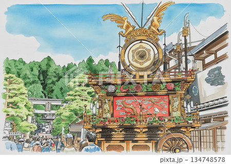 豪華絢爛な装飾された屋台　高山祭　水彩画　ペン画 134748578