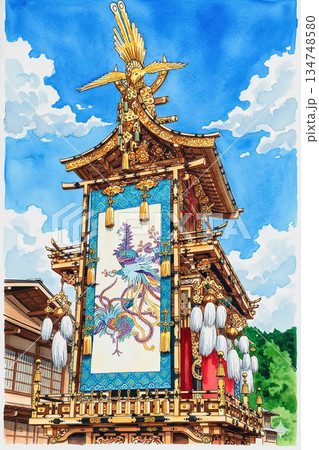 豪華絢爛な装飾された屋台　高山祭　水彩画　ペン画 134748580