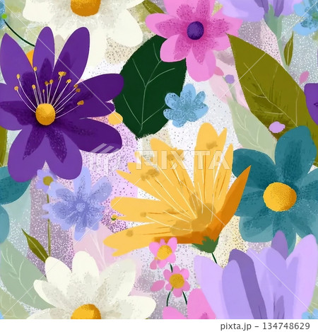Hand drawn seamless floral pattern. Bright botanical spring pattern with abstract flowers. Large and small colorful flowers. 134748629