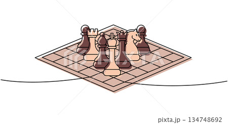 Modern line art of chess pieces arranged on a board, minimal composition in warm brown and beige color palette 134748692