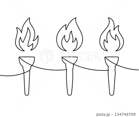 Set of three continuous line torch drawings. Minimalist one line vector flame icons symbolizing ceremony, freedom, protest and victory 134748709