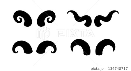 Set of curved animal horns. Decorative vector bull or ram horn shapes for tribal, fantasy, and design elements Set of curved animal horns. Decorative vector bull or ram horn shapes for tribal, fantasy, and design elements 134748717