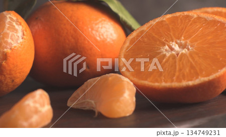 Fresh Cut Mandarin Oranges and Segments with Natural Light 134749231