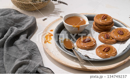 Gourmet Pecan Caramel Shortbread Cookies with Sea Salt and Dulce de Leche Gourmet Pecan Caramel Shortbread Cookies with Sea Salt and Dulce de Leche 134749237