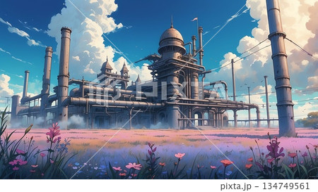 ゲーム背景　スチームパンク世界の古びた工場が残る風景 134749561