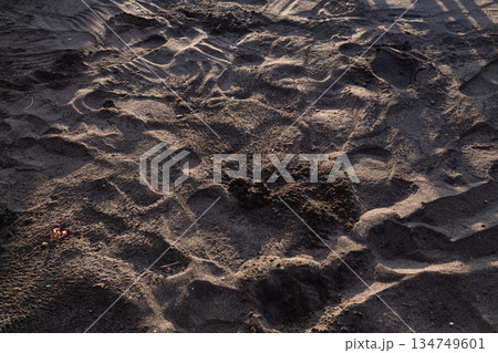 Textured volcanic black sand with footprints creating abstract patterns and shadows in soft light for travel and beach backgrounds Textured volcanic black sand with footprints creating abstract patterns and shadows in soft light for travel and beach backgrounds 134749601