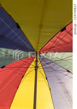 Colorful Umbrella Canopy Upward View with Radial Pattern and Supporting Structure for Summer Weather Protection Colorful Umbrella Canopy Upward View with Radial Pattern and Supporting Structure for Summer Weather Protection 134749617