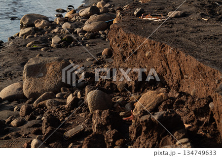 Eroded soil and rock formation on shoreline displaying geological layers and textures, illustrating natural environmental processes Eroded soil and rock formation on shoreline displaying geological layers and textures, illustrating natural environmental processes 134749633
