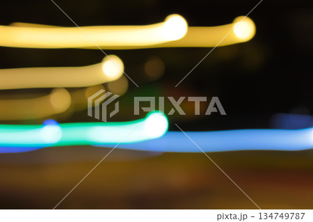 Abstract Blurred Light Trails in Motion, Yellow and Blue Bokeh Effect with Slow Shutter Speed for Nightlife and Cityscape Concepts 134749787