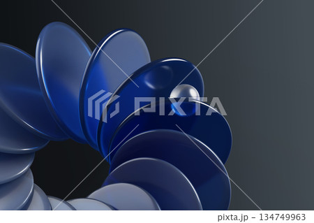 Blue glass circle array with crystal sphere on black 3d background. Abstract bg with circular motion effect of gradient transparent discs and clear white ball with light refraction. 3D illustration 134749963