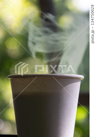 Steaming hot beverage in a paper cup outdoors with blurred background for a cozy drink concept in natural light and copy space 134750029