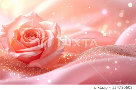 キラキラ輝くサーモンピンクのバラと幻想的な美しい背景 134750602