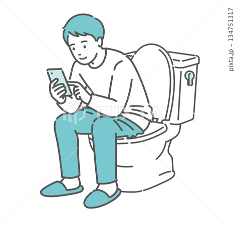 トイレでスマホを見る男性のイラスト(ながらスマホ・長居・痔の原因) トイレでスマホを見る男性のイラスト(ながらスマホ・長居・痔の原因) 134751317
