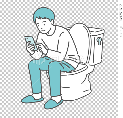 トイレでスマホを見る男性のイラスト(ながらスマホ・長居・痔の原因) トイレでスマホを見る男性のイラスト(ながらスマホ・長居・痔の原因) 134751317