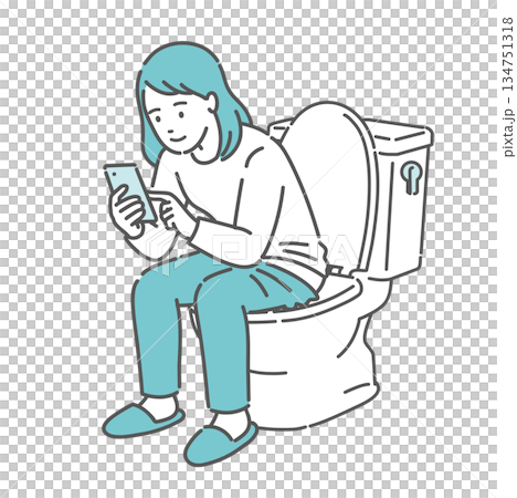 トイレでスマホを見る女性のイラスト（ながらスマホ・長居・便秘・生理管理） 134751318