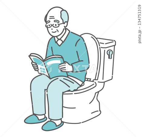 トイレで本を読む高齢男性のイラスト（読書・長居・痔の原因） 134751319