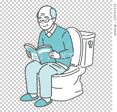 トイレで本を読む高齢男性のイラスト（読書・長居・痔の原因） 134751319