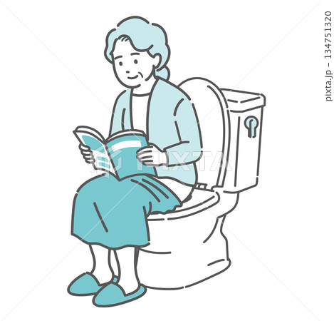 トイレで本を読む高齢女性のイラスト（読書・長居・痔の原因・ヒートショック） 134751320