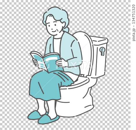 トイレで本を読む高齢女性のイラスト（読書・長居・痔の原因・ヒートショック） 134751320