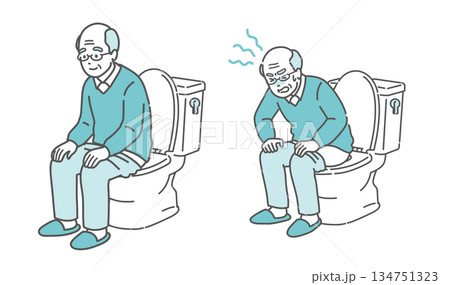 トイレに座る高齢男性のビフォーアフターイラスト（快便と便秘・前立腺肥大・比較） 134751323
