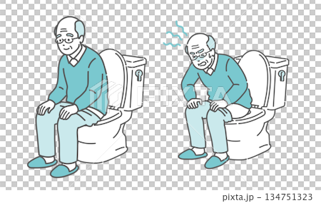 トイレに座る高齢男性のビフォーアフターイラスト（快便と便秘・前立腺肥大・比較） 134751323