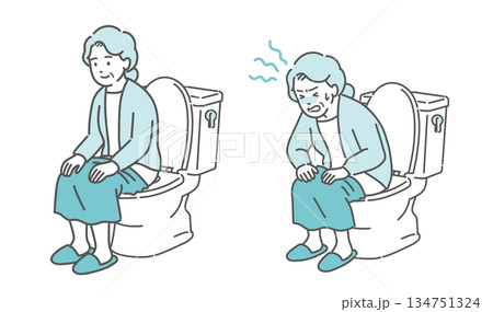 トイレに座る高齢女性のビフォーアフターイラスト（快便と便秘・ヒートショック・比較） 134751324