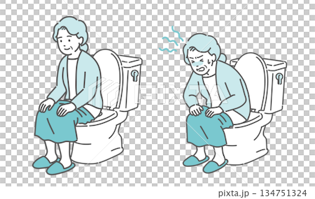 トイレに座る高齢女性のビフォーアフターイラスト（快便と便秘・ヒートショック・比較） 134751324