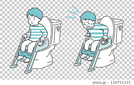 トイレに座る男の子のビフォーアフターイラスト（快便と便秘・トイトレ・比較） 134751325